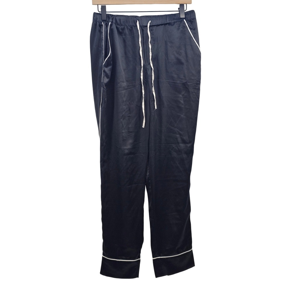 Victoria's Secret Black Satin Pajama Pants White Piping Drawstring Small 381829